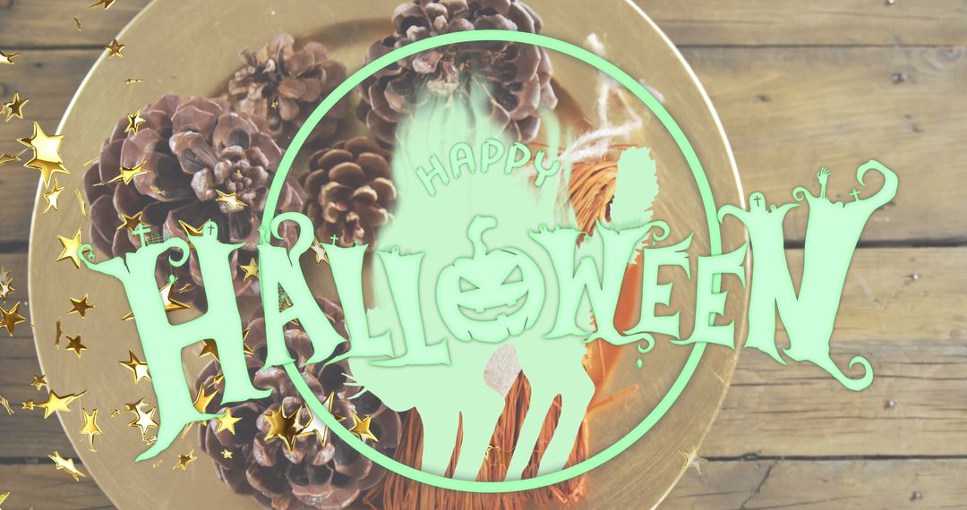 Halloween Greeting Overlay on Rustic Fall Decorations