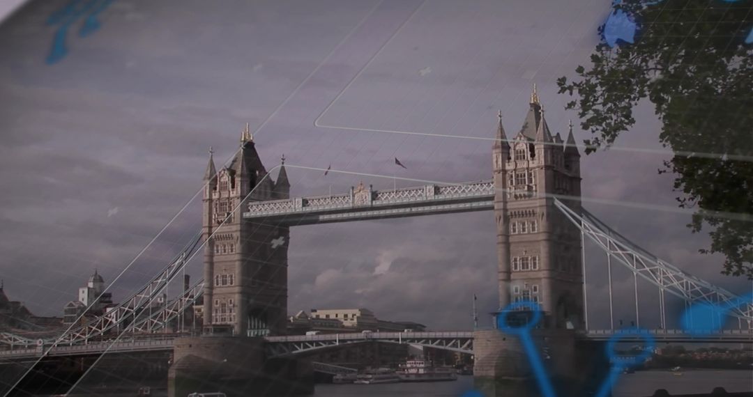 Tower Bridge with Digital Icons and Boats on River Thames