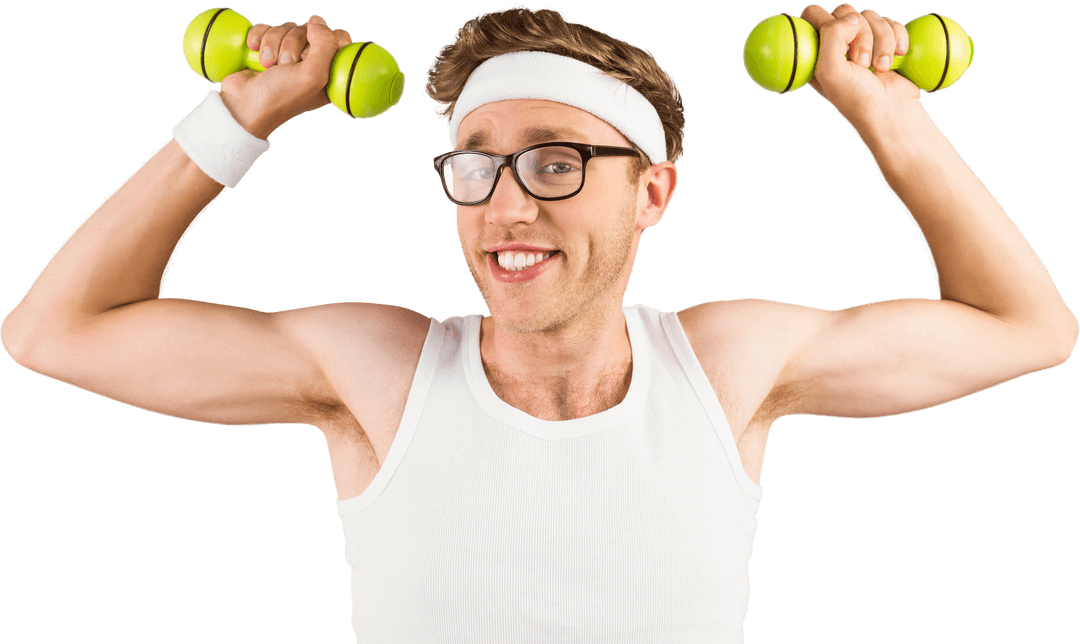 Comical Man Lifting Dumbbells on Transparent Background