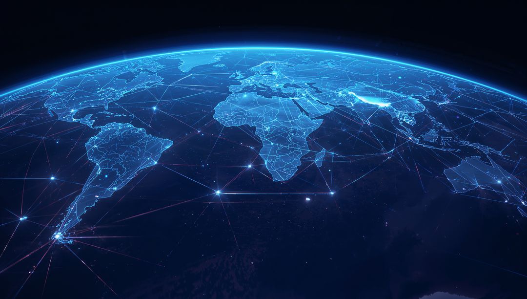 Glowing Digital Earth Mapping Global Network Connections with Neon Continental Mesh