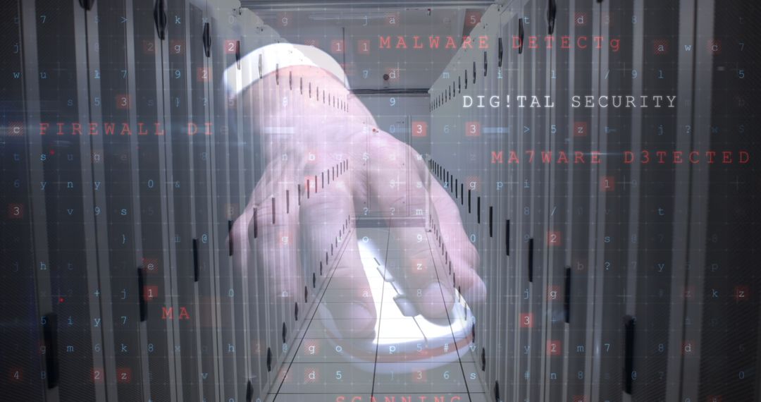 Cyber Security Threat with Digital Hand and Server Room Overlay