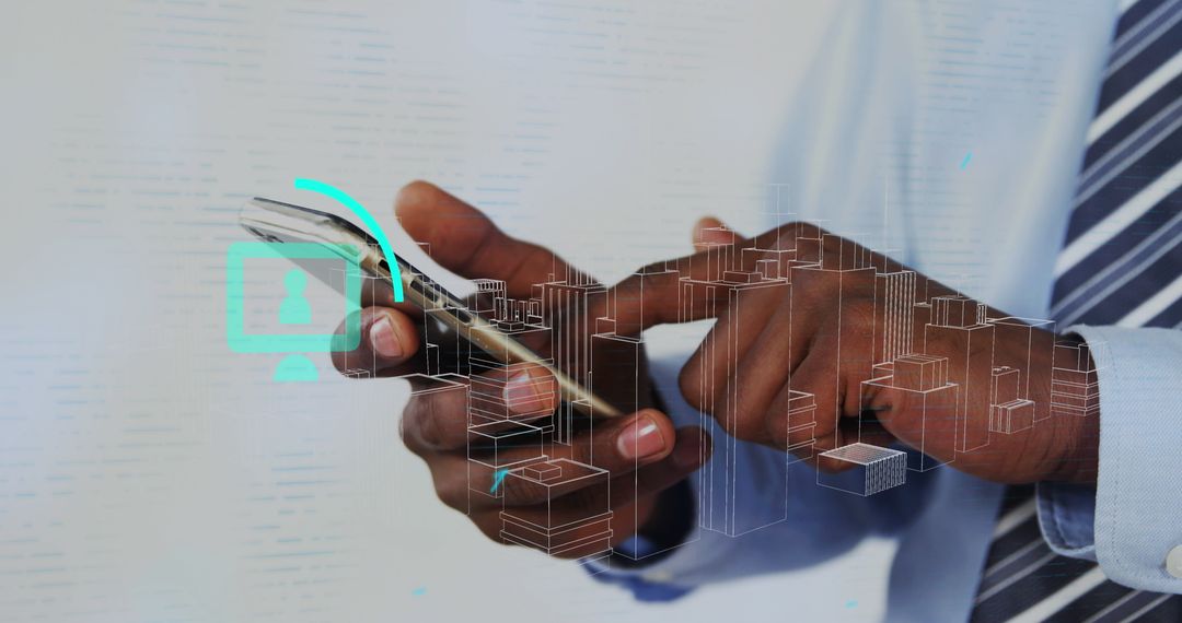 Businessman Using Smartphone with Digital Icons and Cityscape Overlay