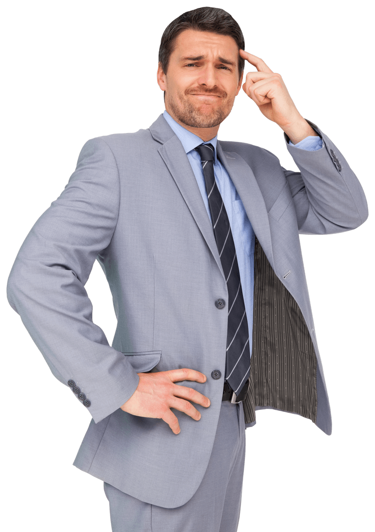 Confused Businessman in Gray Suit Isolated on Transparent