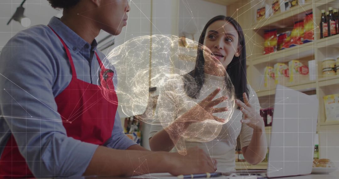 Coworkers Collaborating in Cafe with Digital Brain Interface