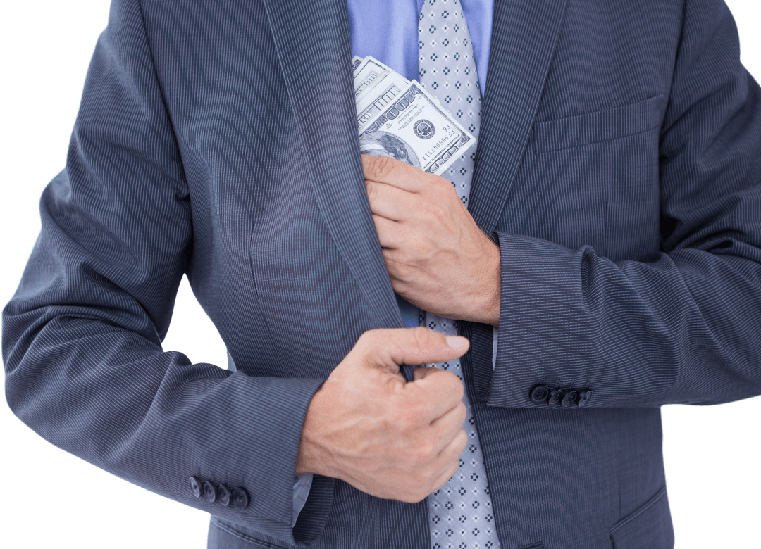 Businessman Stashing Cash in Suit in Transparent Composition