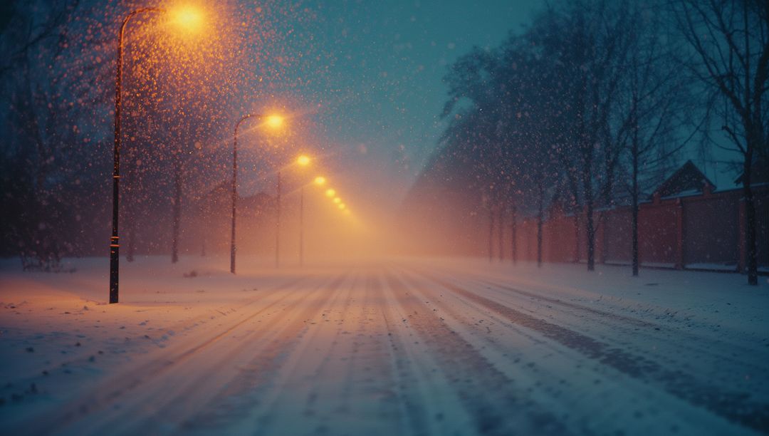 Serene Winter Path with Warm Glowing Lamps and Falling Snow