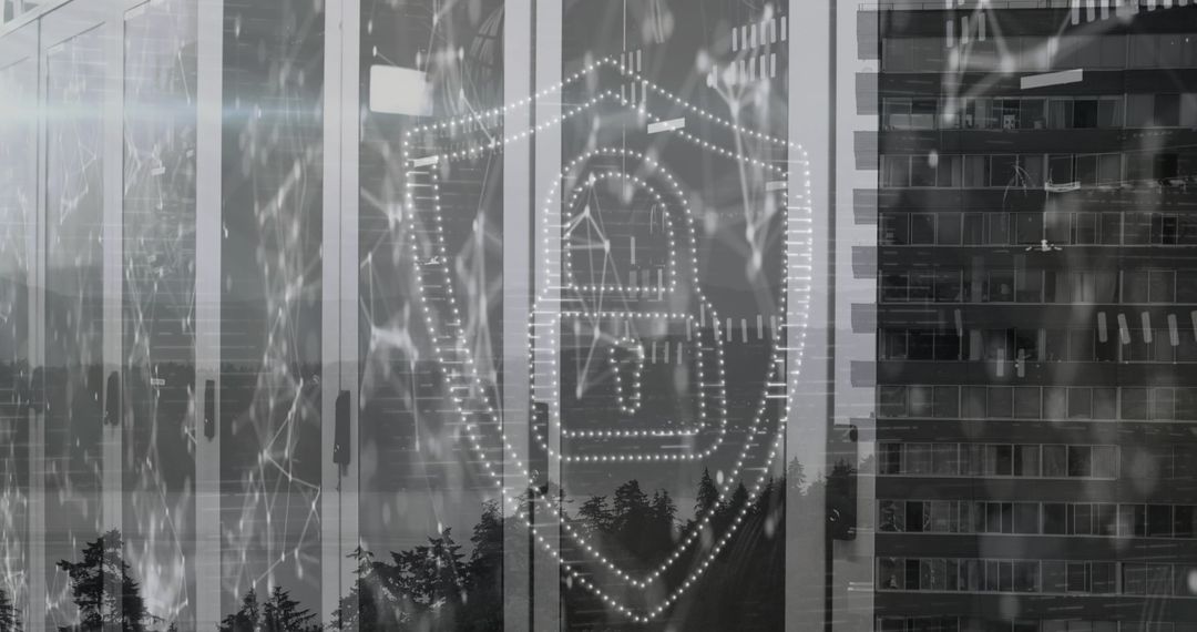 Digital Security Shield Overlay on Urban Skyscraper