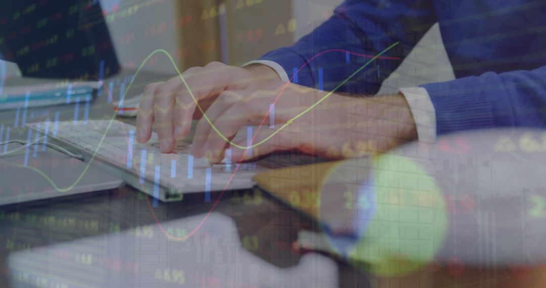 Financial Analyst Typing with Data Insights Overlay