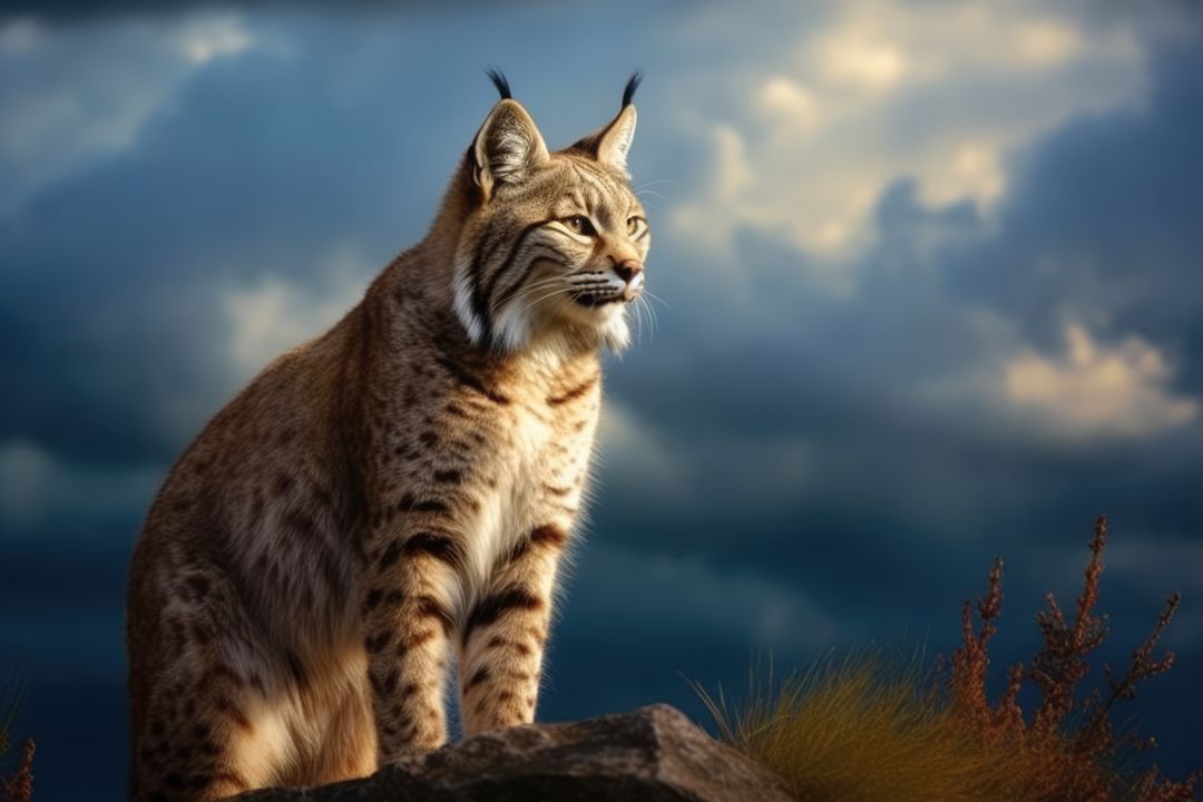 Close up of bobcat standing on rock with stormy sky, created using generative ai technology - Free Images, Stock Photos and Pictures on Pikwizard.com