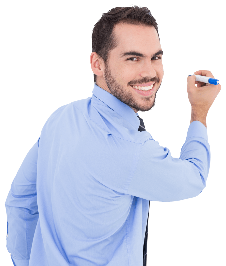 Transparent Businessman Writing with Marker Smiling
