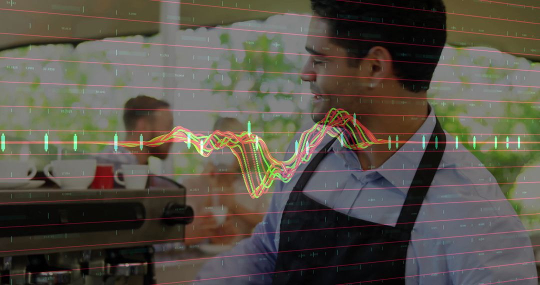 Barista Making Espresso with Financial Graph Overlay