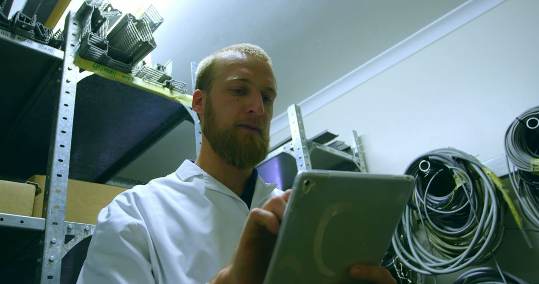 Young Technician Using Tablet for Equipment Check in Server Room - Free Images, Stock Photos and Pictures on Pikwizard.com