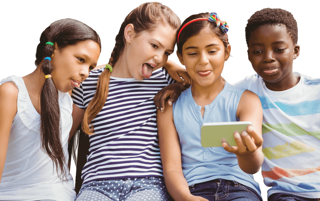 Diverse Group of Happy Children Taking Selfie with Smartphone Transparent