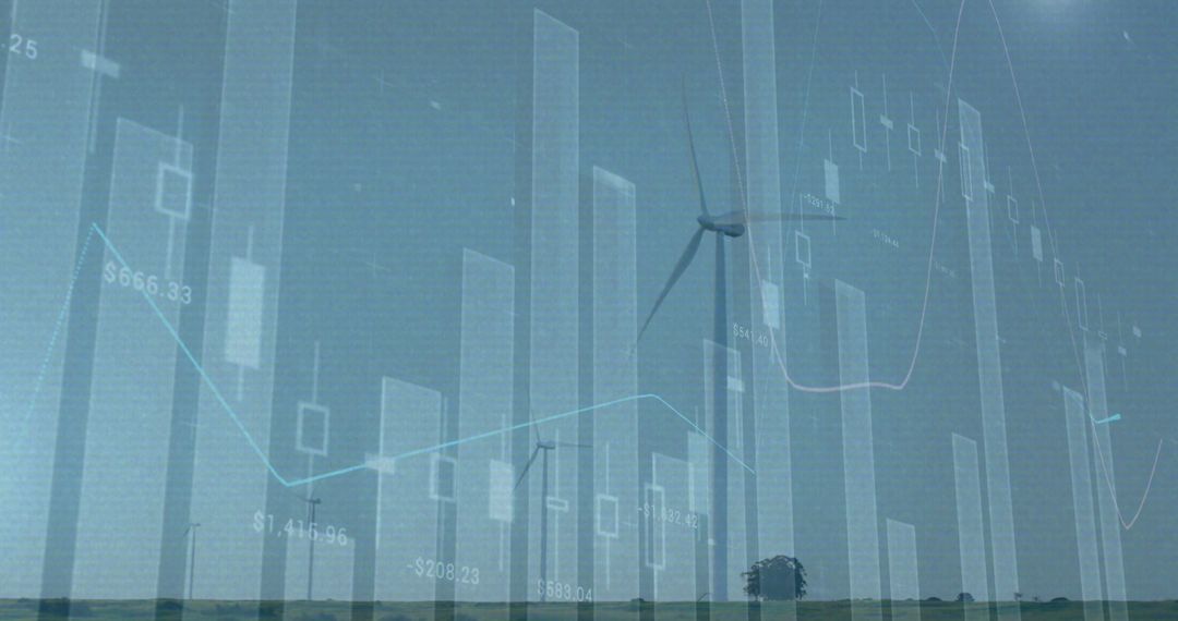 Wind Turbines Overlapped with Financial Data Charts and Grainy Effects