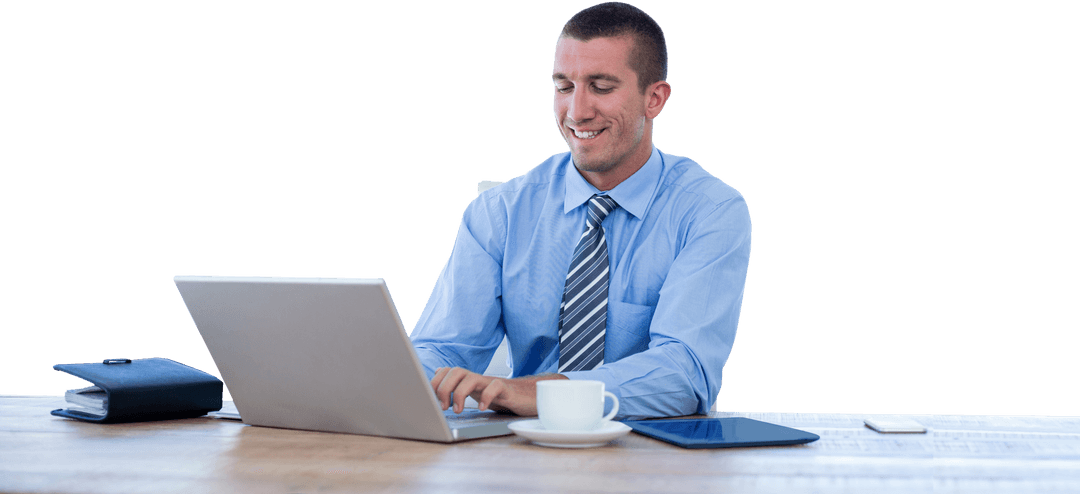 Transparent Businessman Smiling While Using Laptop in Office Work Space
