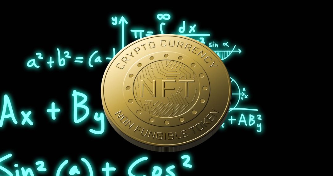 NFT Coin Displayed Against Mathematical Equations on Black Background