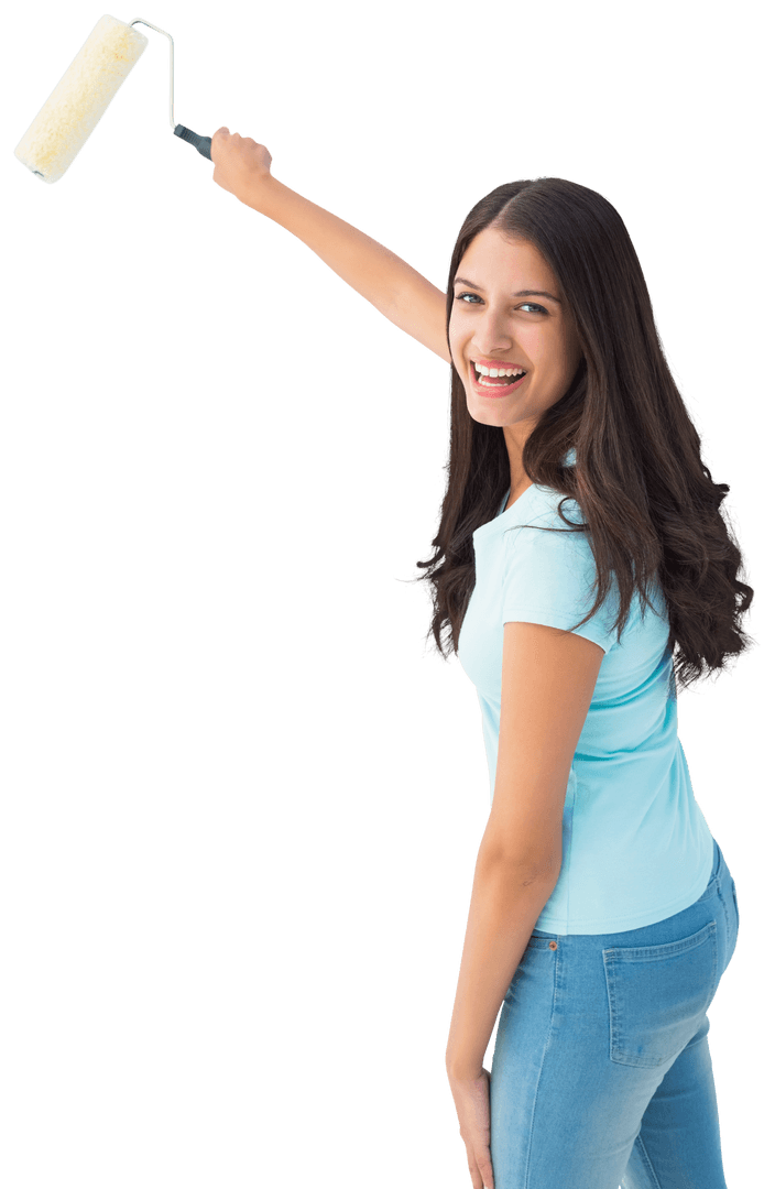 Transparent Background Woman Smiling while Holding Paint Roller