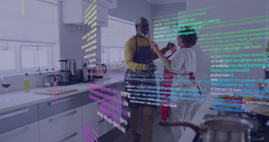 Happy Couple Dancing in Modern Kitchen with Code Overlay