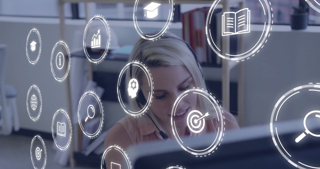 Tech-Savvy Professional Analyzing Data with Digital Icons Overlay