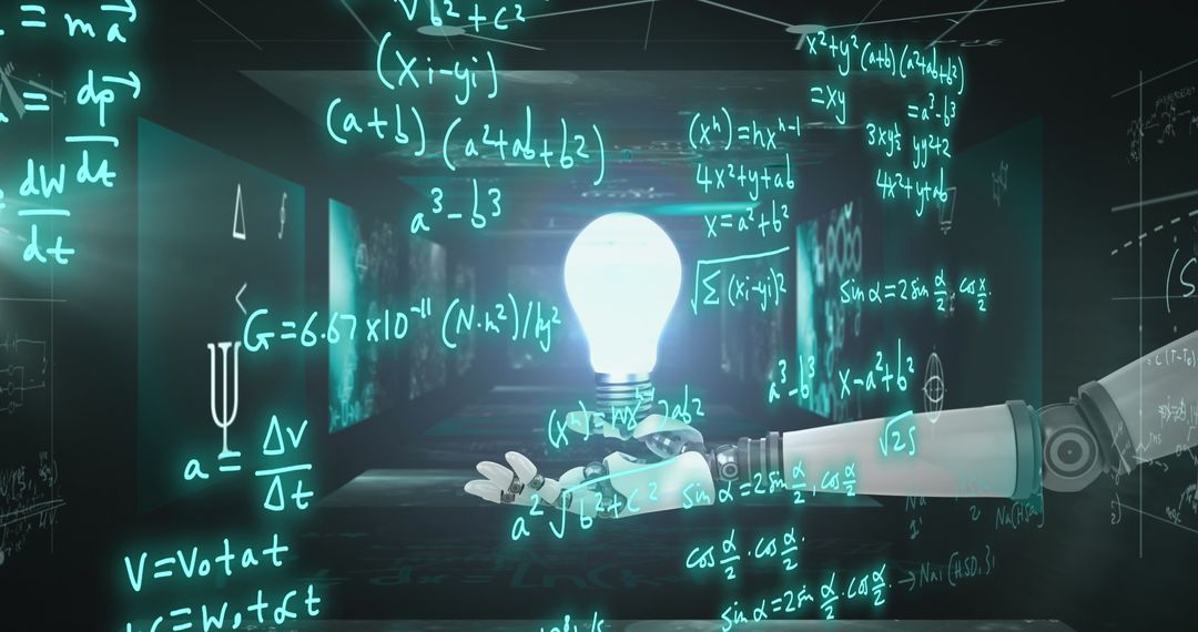 Robot Arm with Mathematical Equations in Futuristic Science Laboratory