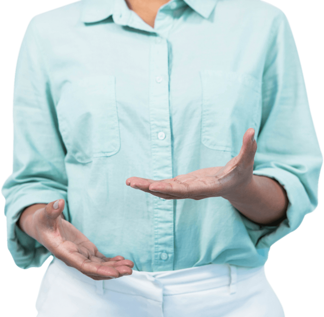 Businesswoman Gesturing in Turquoise Transparent Hands Focus
