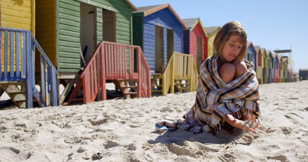 Child Sitting on Beach Wrapped in Blanket Near Colorful Beach Huts - Free Images, Stock Photos and Pictures on Pikwizard.com