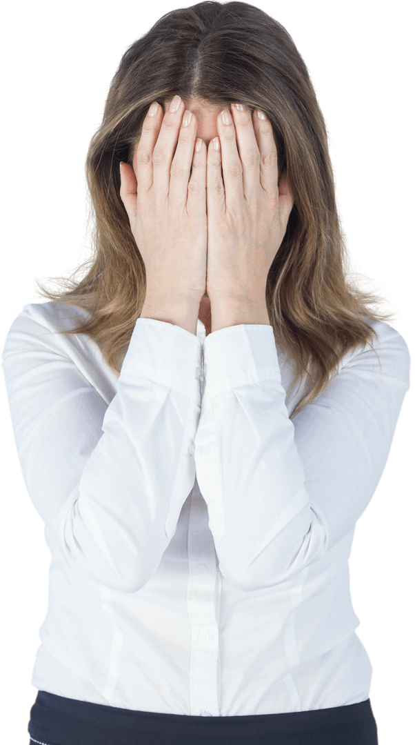 Transparent Businesswoman with Head in Hands Expressing Anxiety