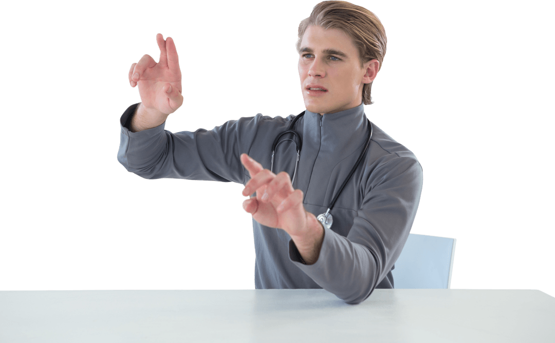 Male Doctor Interacting with Virtual Interface Transparent Background