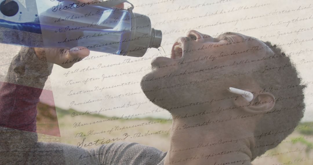Man with American Flag Overlay Drinking Water in Mountain Scenery