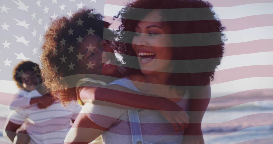 Smiling Family Enjoying Piggyback Fun with American Flag Remark