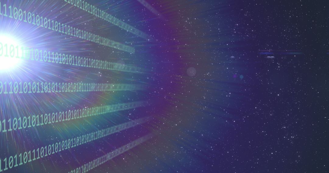 Binary Code Flowing Through Space with Radiating Light