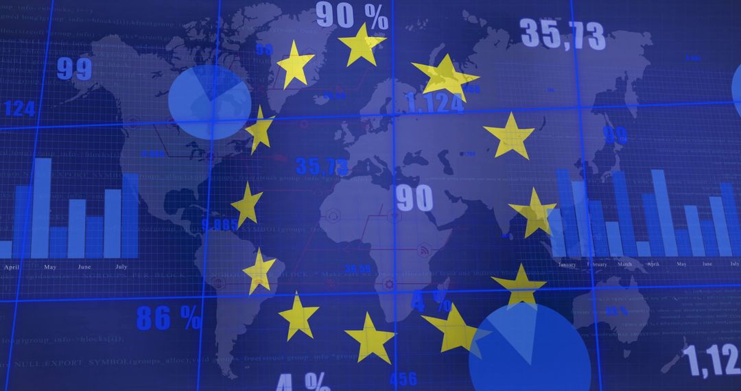 European Union Symbol Over World Map with Financial Data
