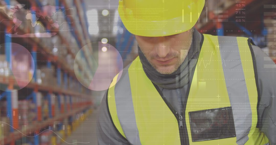 Worker Using Scanner with Overlaid Logistics Data in Warehouse