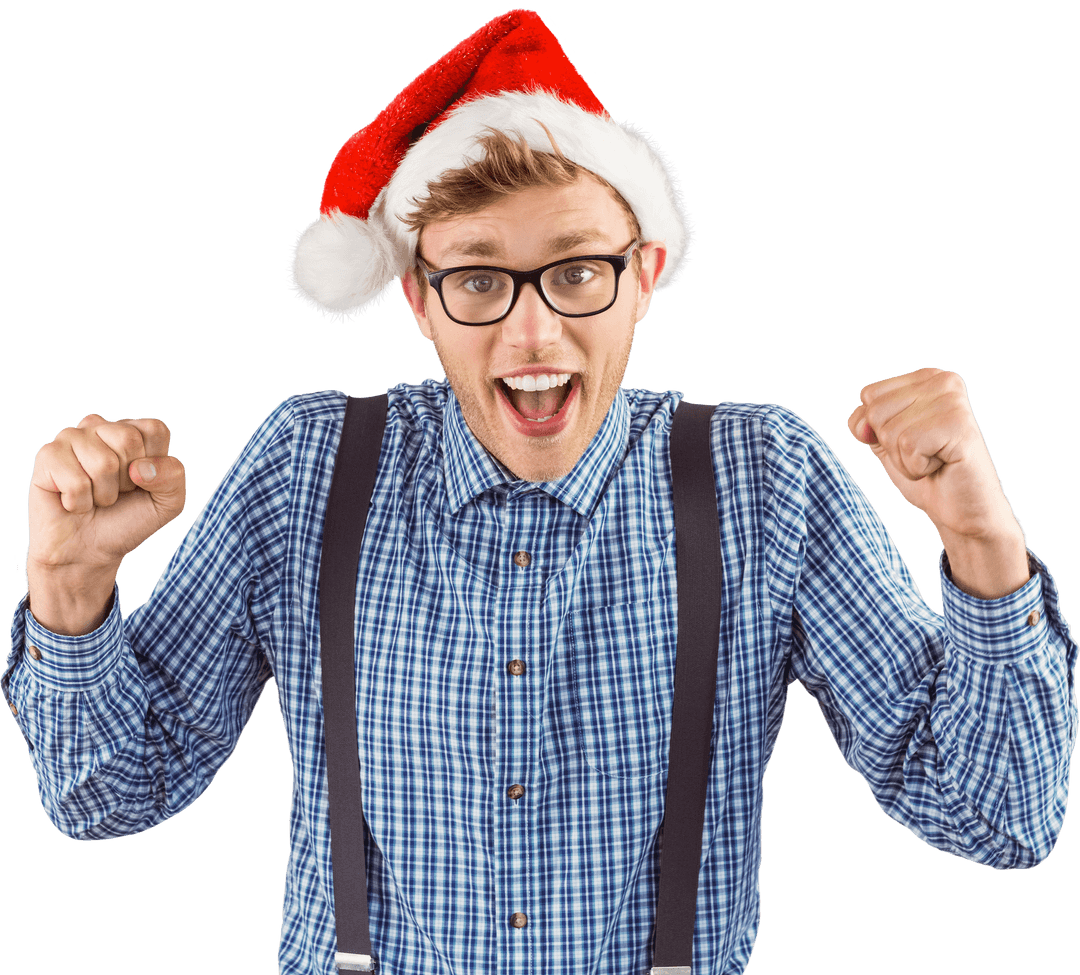 Festive Hipster Geek Wearing Santa Hat with Excitement