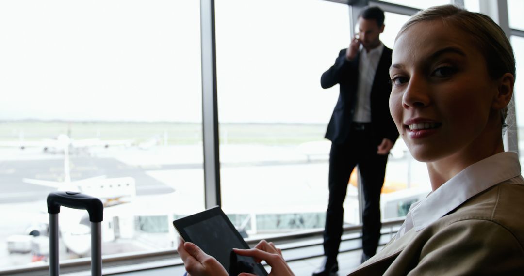 Businesswoman using tablet at airport with colleague