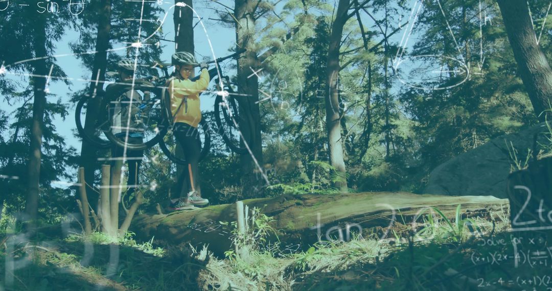 Cyclist Exploring Forest Trail with Mathematical Overlays