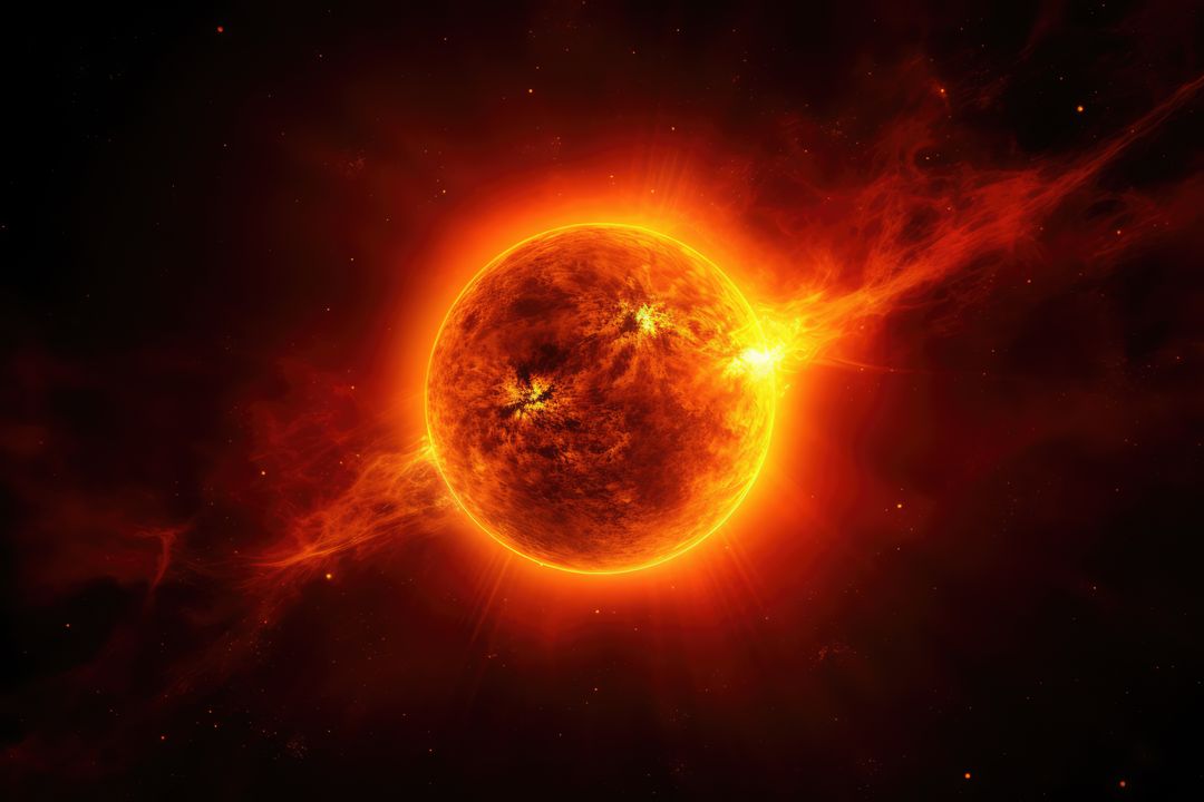 Fiery Sun with Solar Flare on Dark Space Background - Free Images, Stock Photos and Pictures on Pikwizard.com