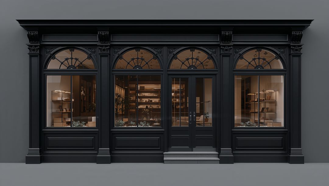 Dark classical storefront displaying arched glazing and timber facade with warm lit shelves