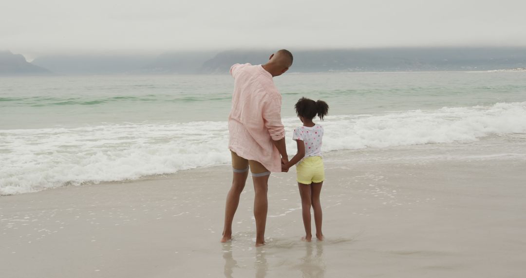 Happy african american father and daughter holding hands on beach - Free Images, Stock Photos and Pictures on Pikwizard.com