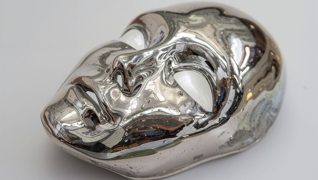 Mirrored Chrome Face Mask Reflecting Distorted Shapes Minimalist Metallic Sculpture Studio
