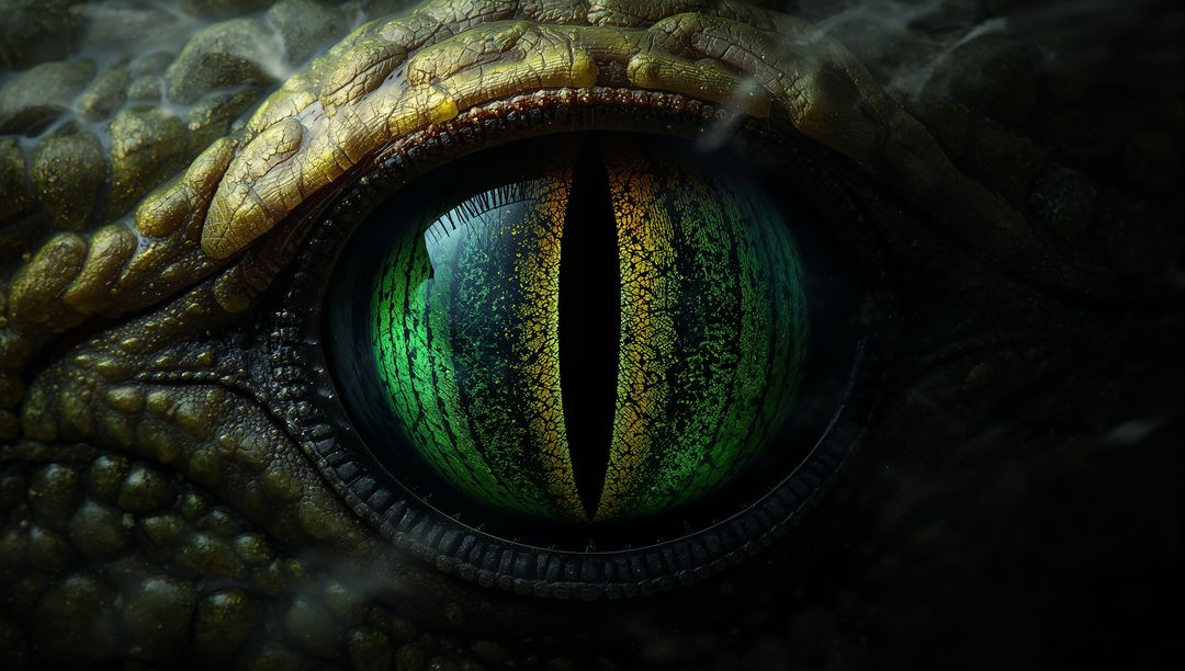 Staring Reptile Eye with Vertical Pupil and Emerald Iris Reflecting Light, Glossy Cornea