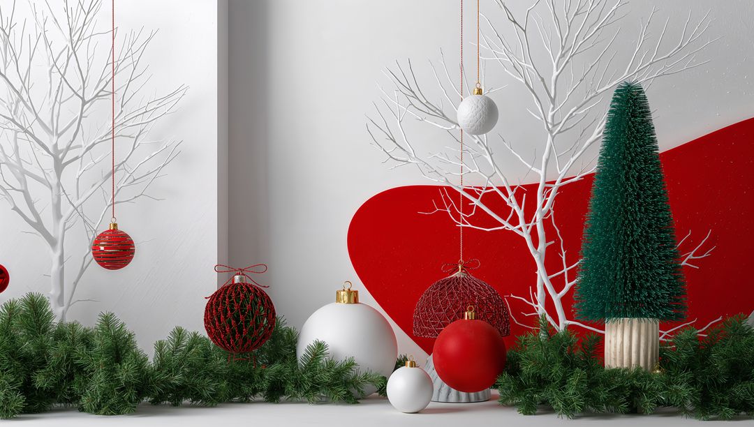 Minimalist Christmas Shelf Display with Red and White Accents