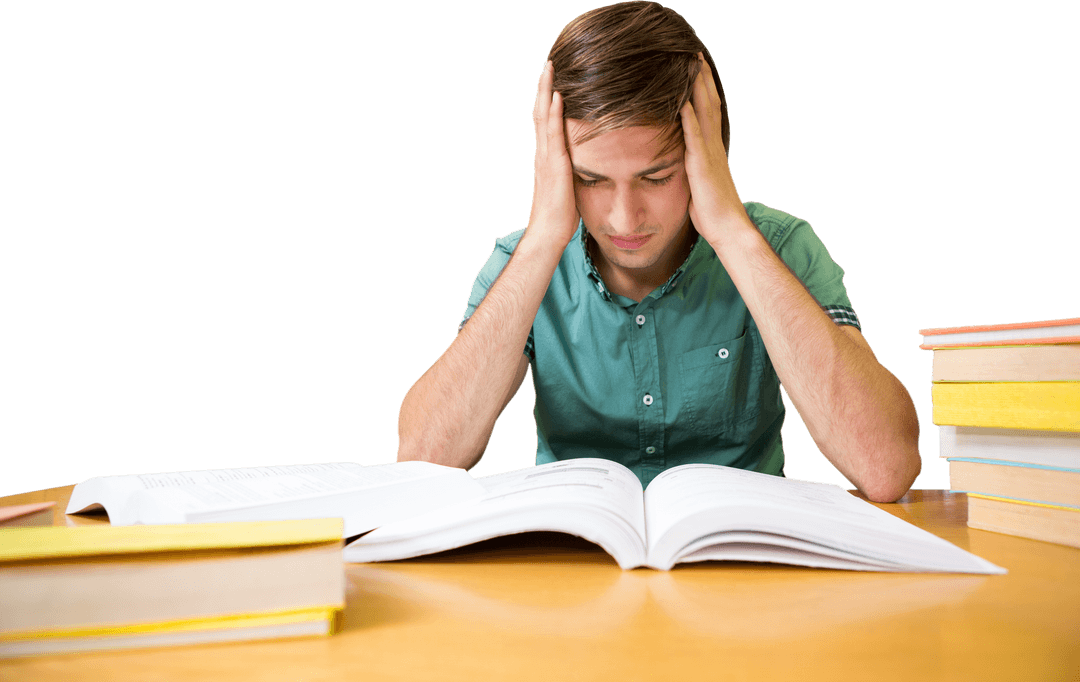 Frustrated Student Studying at Library Table on Transparent Background