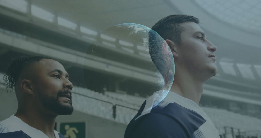 Athletes in Arena with Futuristic Hologram Overlay