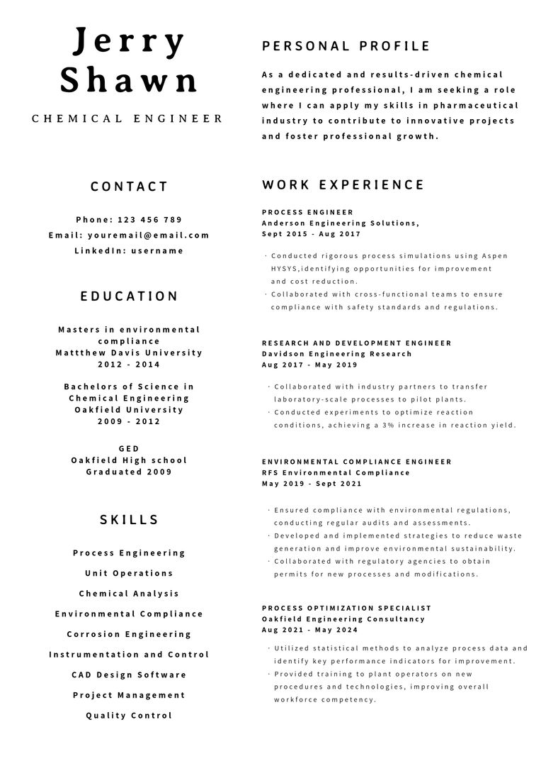 Professional Resume Template for Chemical Engineer with Expertise in Pharmaceuticals - Download Free Stock Templates Pikwizard.com