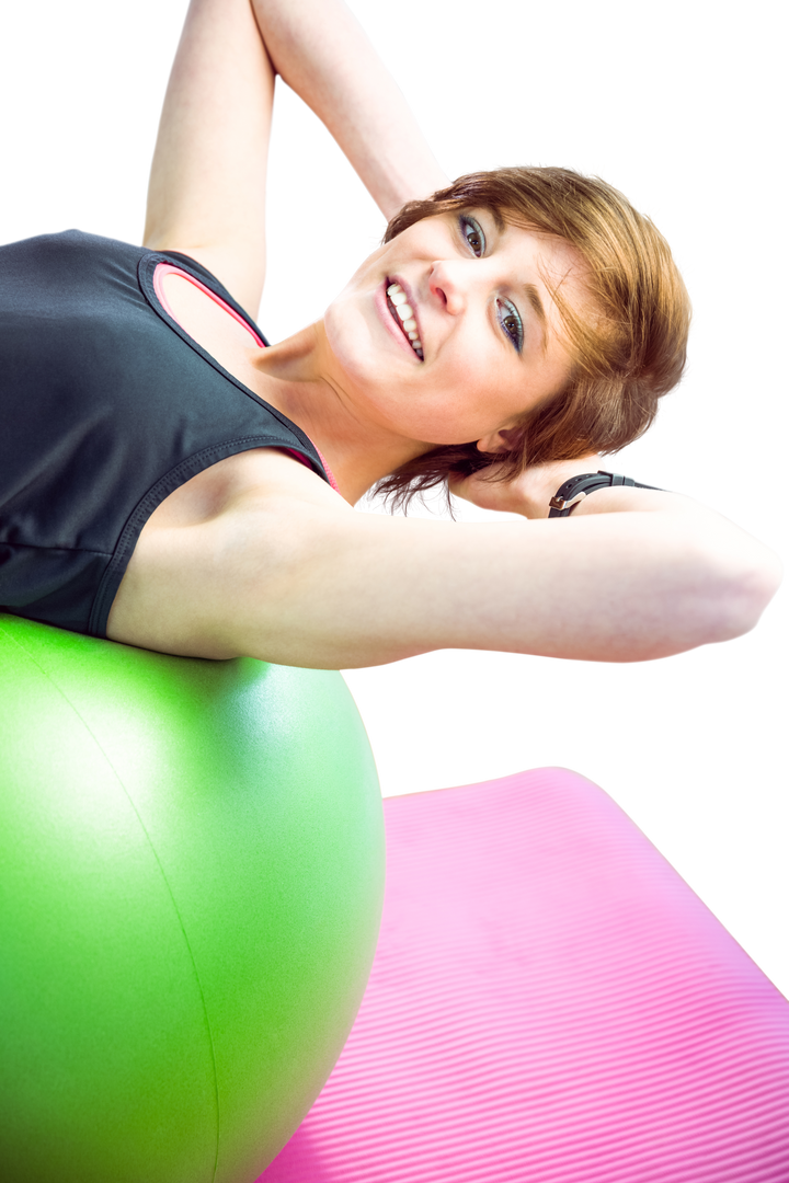 Smiling Woman Exercising on Green Fitness Ball on Transparent Background - Download Free Stock Images Pikwizard.com