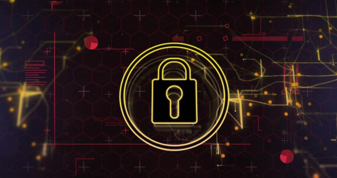 Neon Padlock Icon on Digital Grid Background