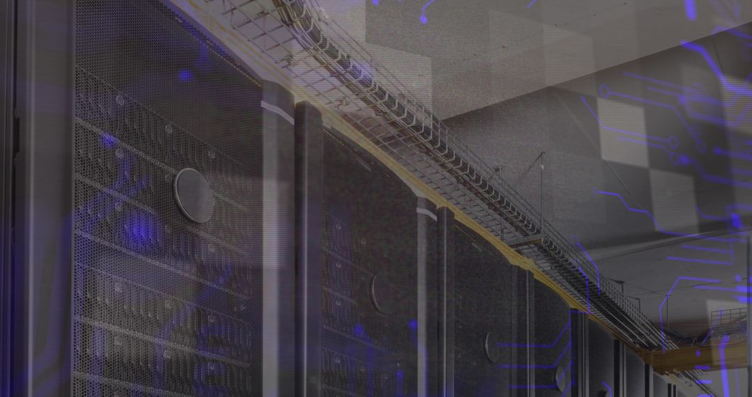Digital Circuit Overlay on Modern Server Room Interior