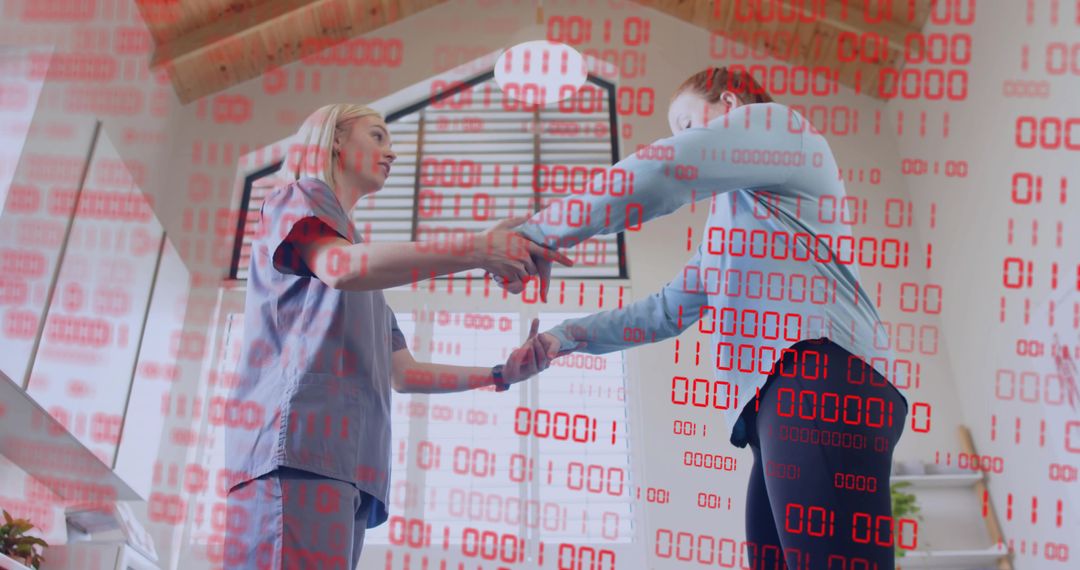 Healthcare Professionals Exchanging Documents Indoors Overlayed with Binary Numbers