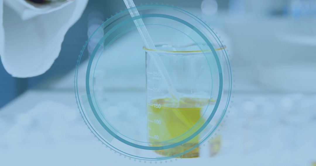 Scientist Pipetting Yellow Liquid into Beaker in High-Tech Lab